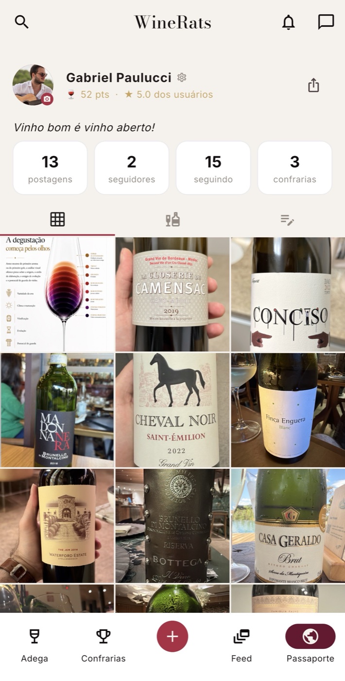 Passaporte do usuário no app WineRats com a grade de garrafas registradas