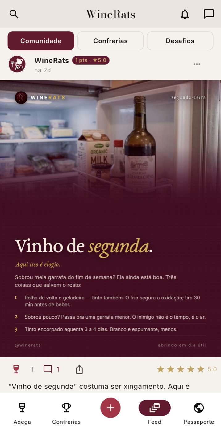 Post no Feed do app WineRats com o conteúdo Vinho de segunda