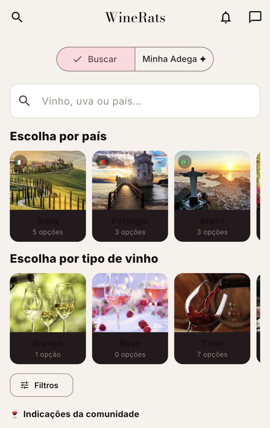 Tela da Adega do app WineRats com vitrines por país e por tipo de vinho