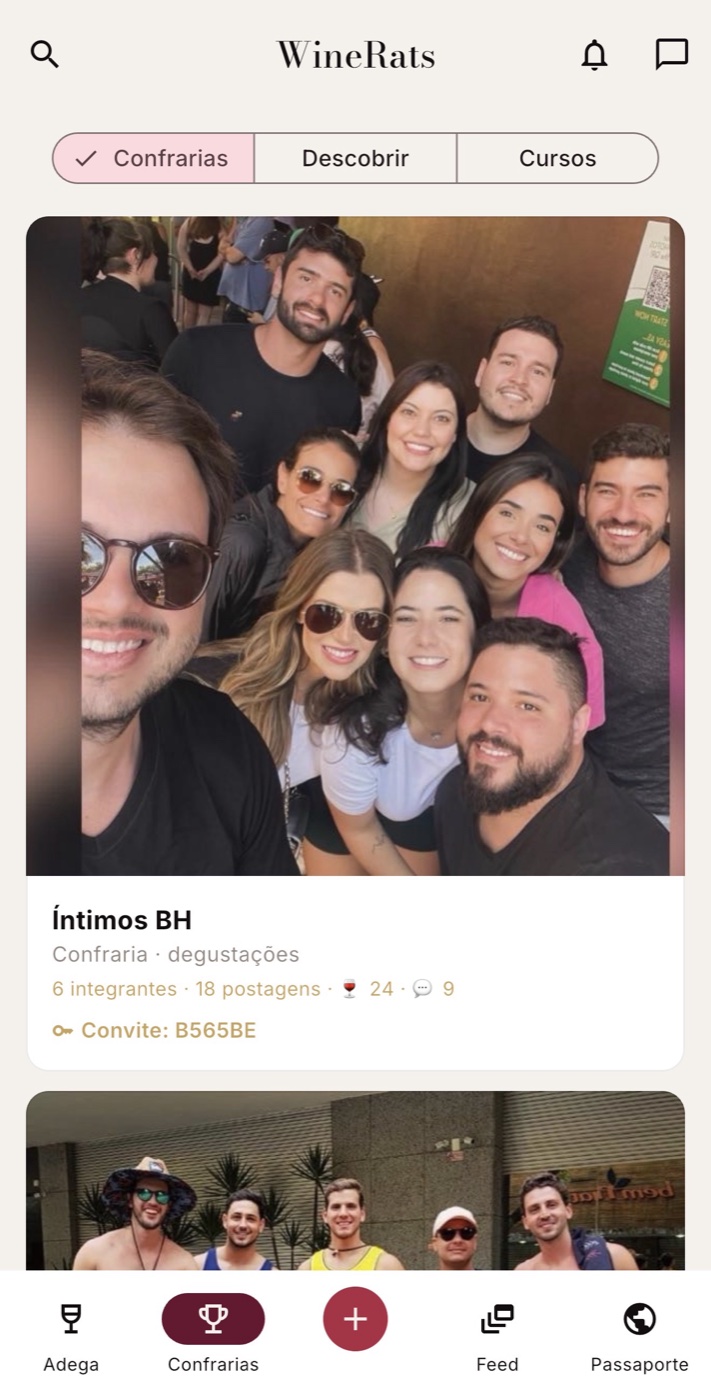 Tela de Confrarias do app WineRats com o card de um grupo